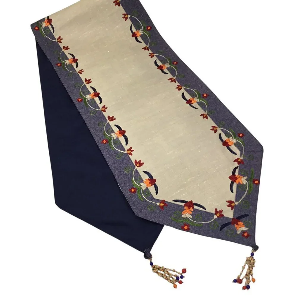 Pier One Imports Table Runner Floral Denim 14 x 72 Embroidered Beaded Tassels